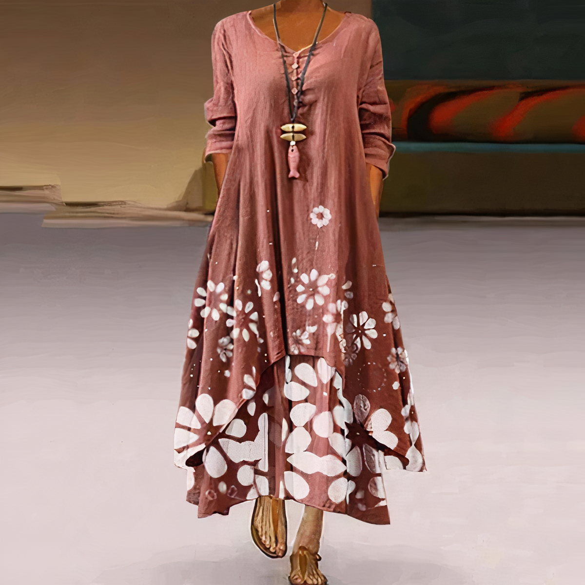 Women’s Long-Sleeve Midi Dress with Asymmetric Hem