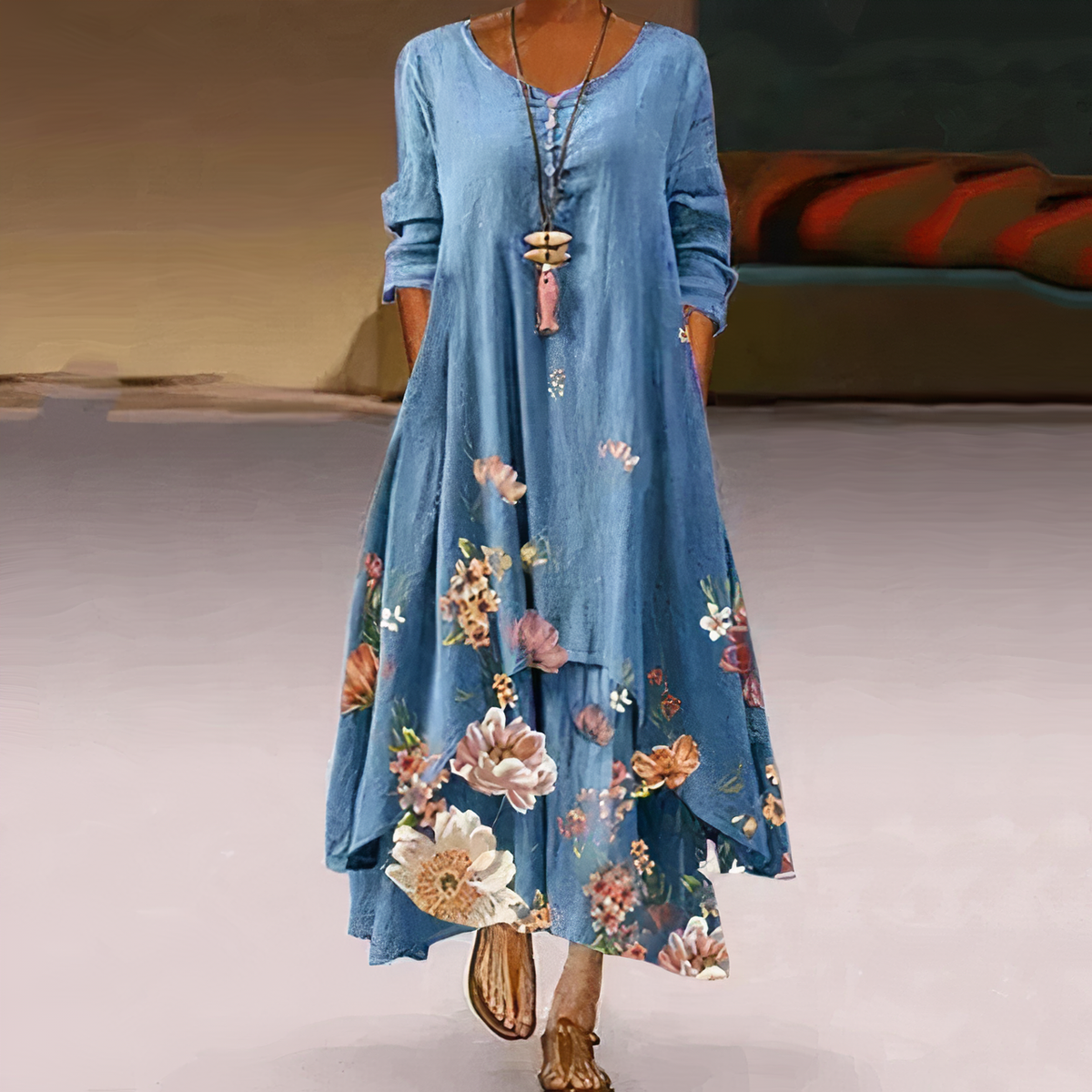Women’s Long-Sleeve Midi Dress with Asymmetric Hem
