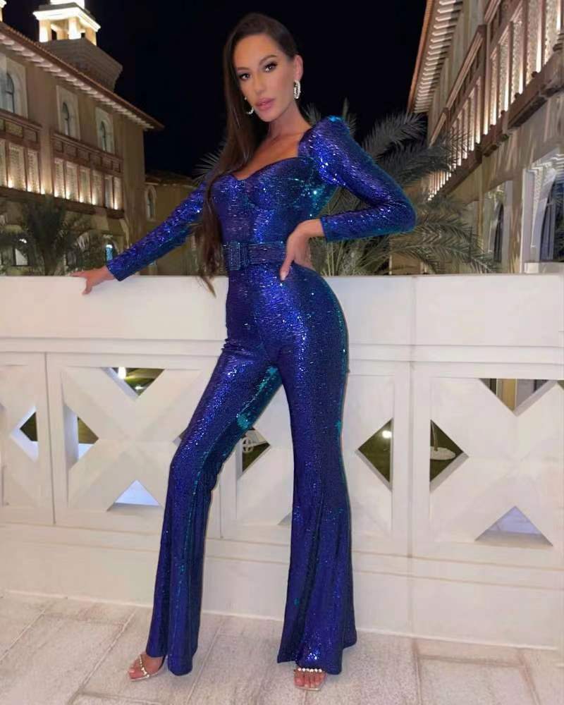 Women's Long Sleeve Sequin Flared Jumpsuit