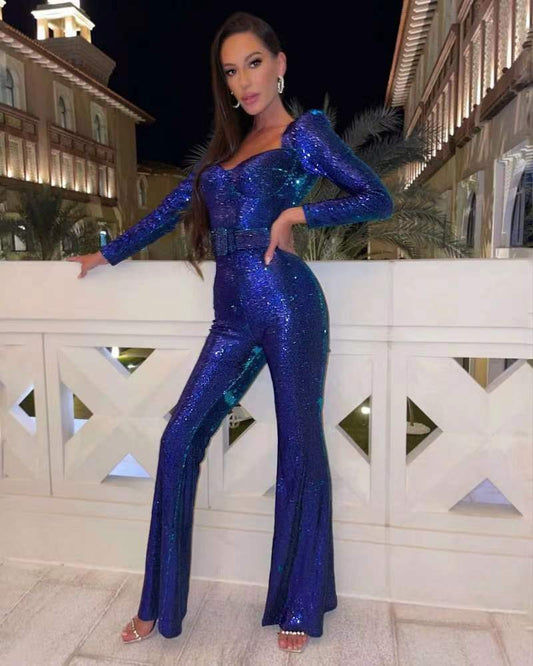 Women's Long Sleeve Sequin Flared Jumpsuit