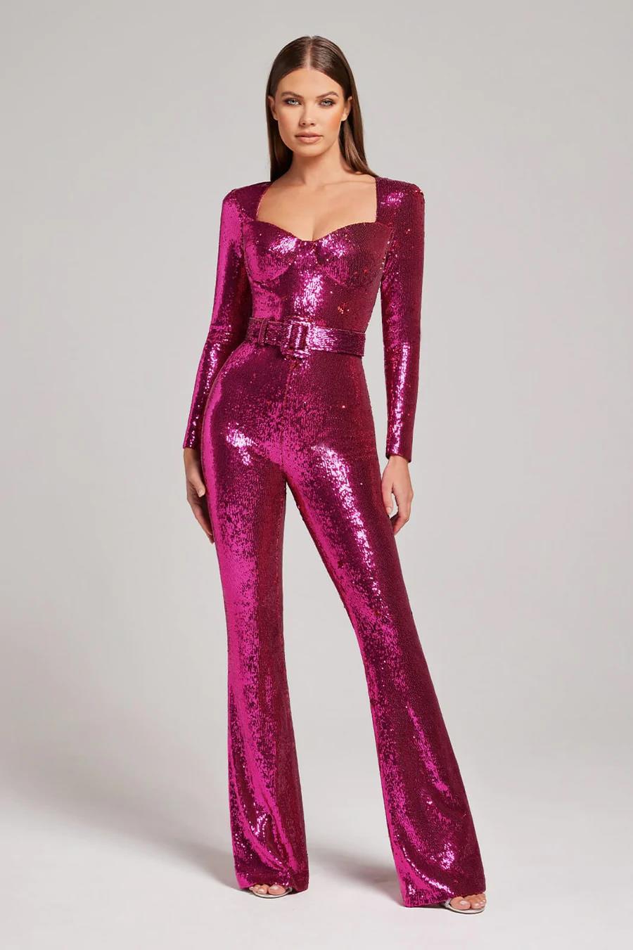 Women's Long Sleeve Sequin Flared Jumpsuit