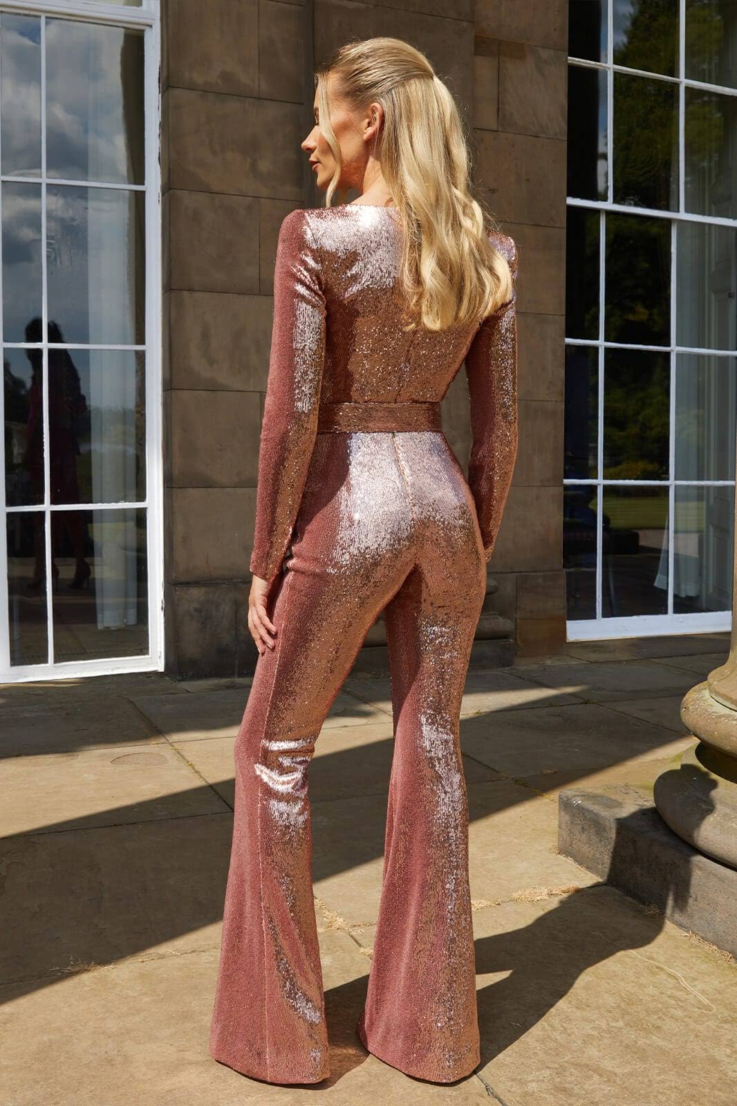 Women's Long Sleeve Sequin Flared Jumpsuit