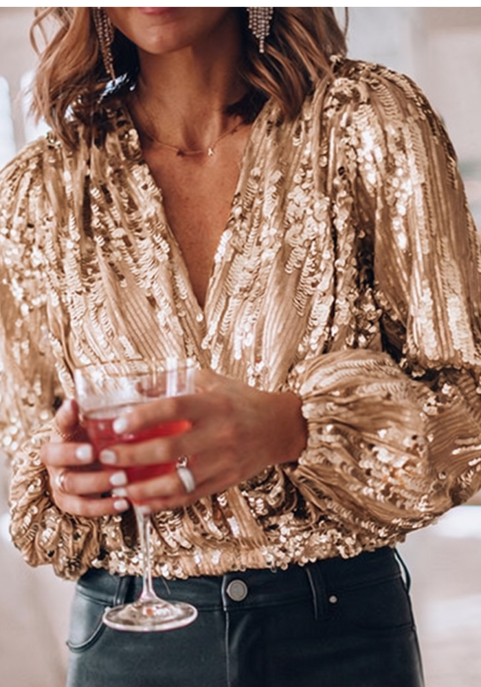 Women's Long Sleeve Sequin Wrap Blouse