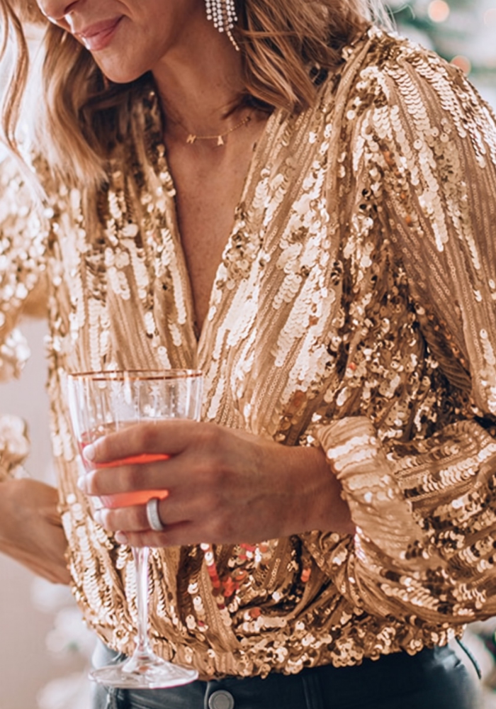 Women's Long Sleeve Sequin Wrap Blouse
