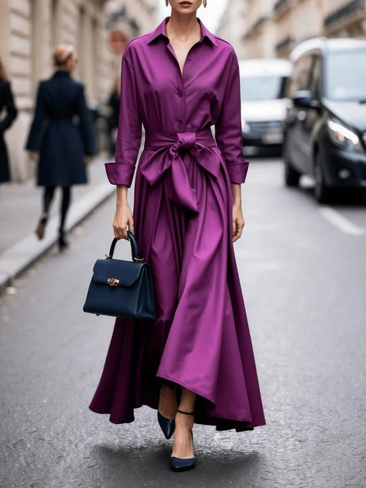 Women's Long-Sleeve Tie-Waist Maxi Shirt Dress