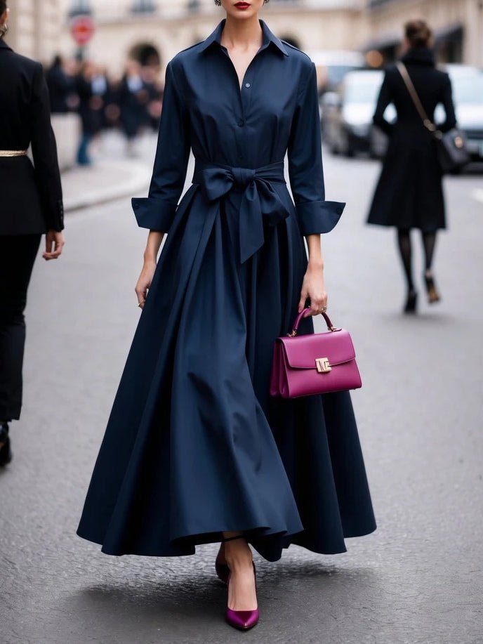 Women's Long-Sleeve Tie-Waist Maxi Shirt Dress