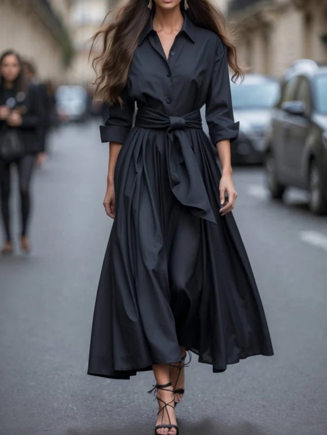 Women's Long-Sleeve Tie-Waist Maxi Shirt Dress