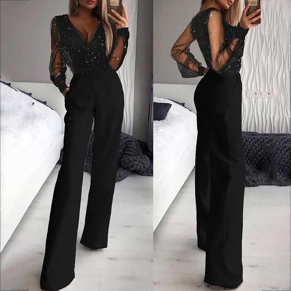 Women's Long-Sleeve Wide-Leg Jumpsuit