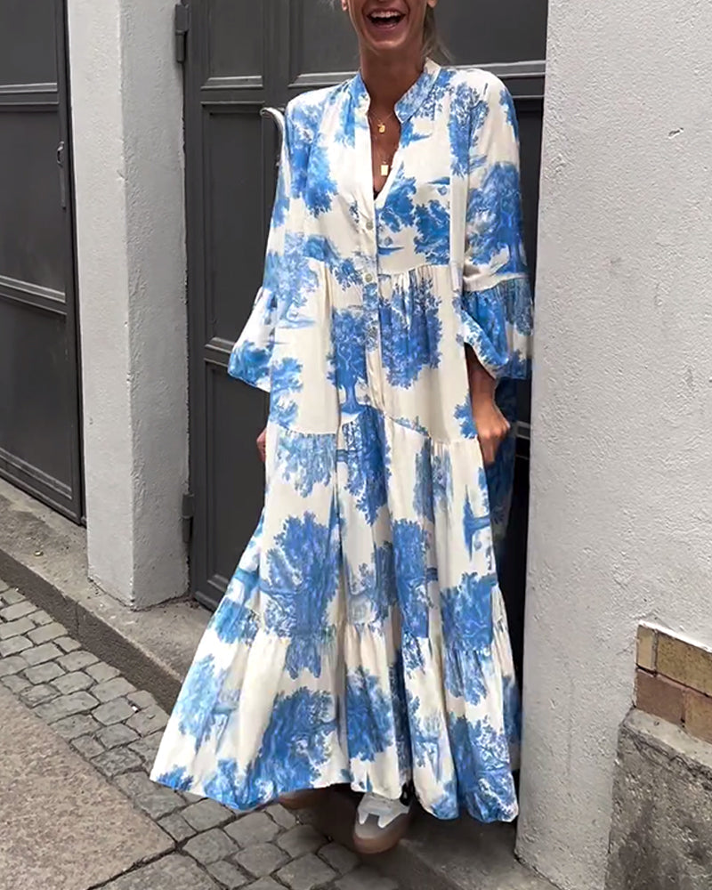 Women's Loose-Fit Patchwork V-Neck Dress with Ruffle Sleeves