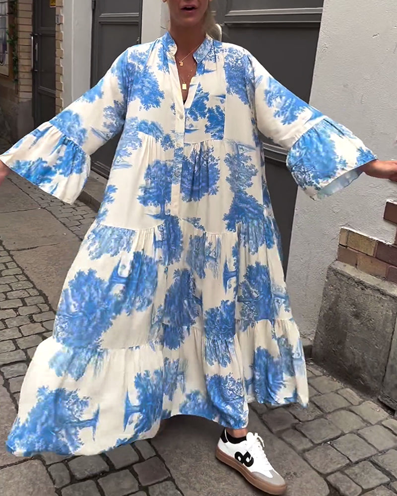 Women's Loose-Fit Patchwork V-Neck Dress with Ruffle Sleeves