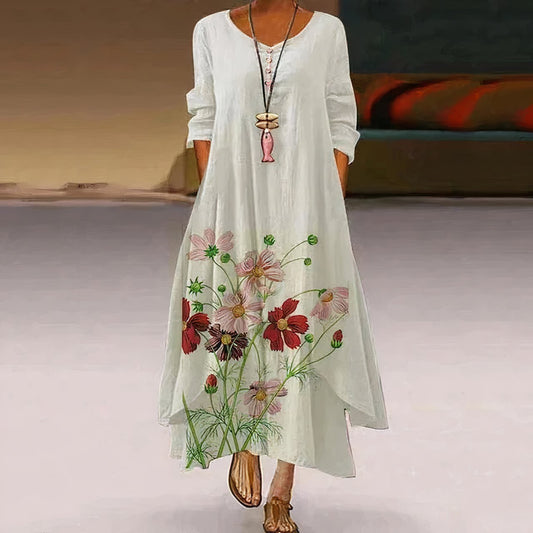 Women's Loose Long-Sleeve Round Neck Boho Maxi Dress with Floral Hem