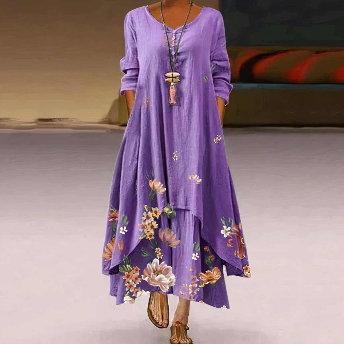 Women's Loose Long-Sleeve Round Neck Boho Maxi Dress with Floral Hem