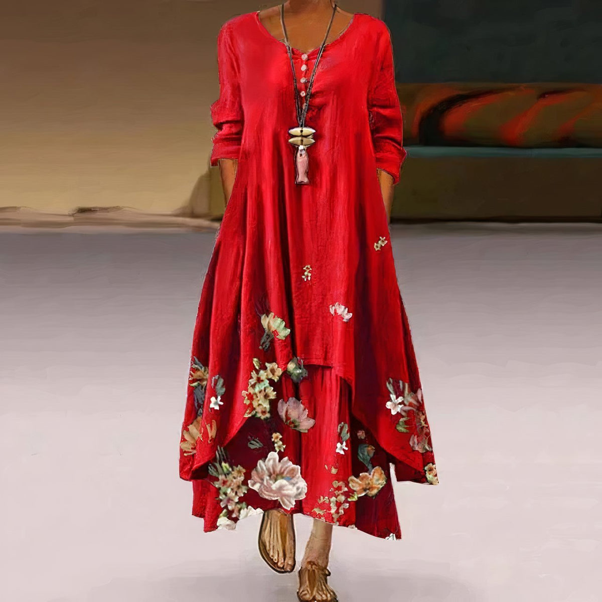 Women's Loose Long-Sleeve Round Neck Boho Maxi Dress with Floral Hem