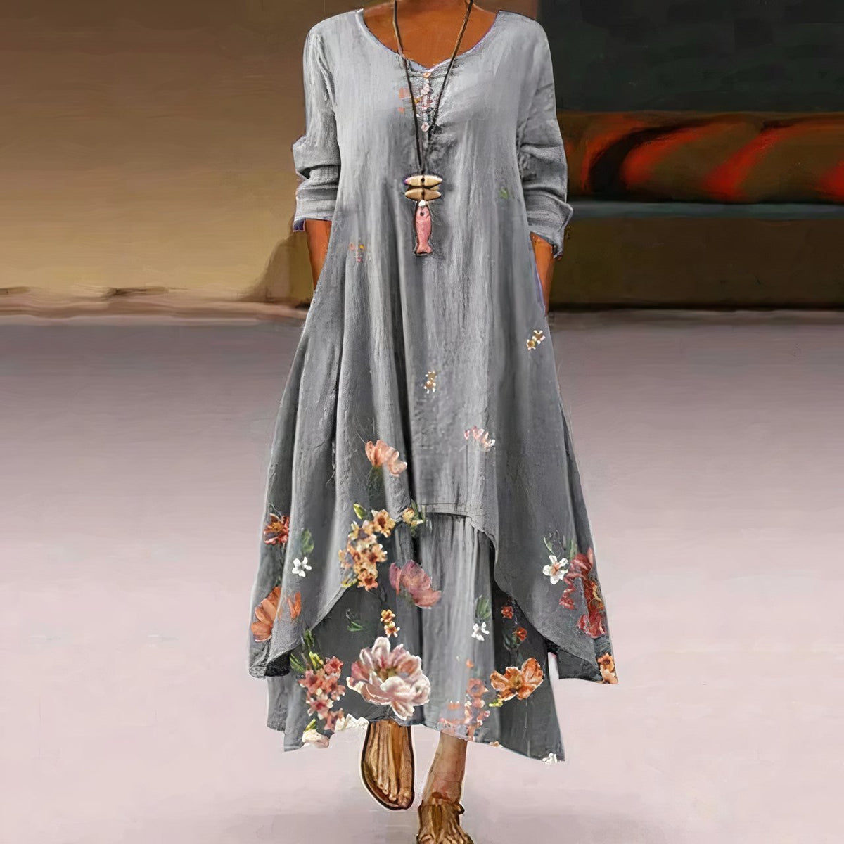 Women's Loose Long-Sleeve Round Neck Boho Maxi Dress with Floral Hem