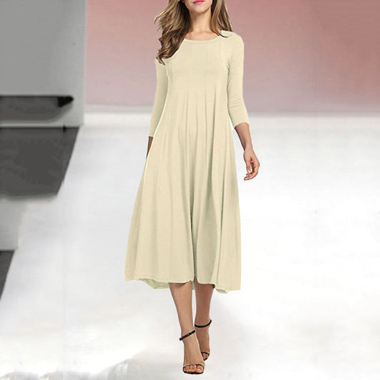 Women's Mid-Sleeve Solid Casual Swing Dress