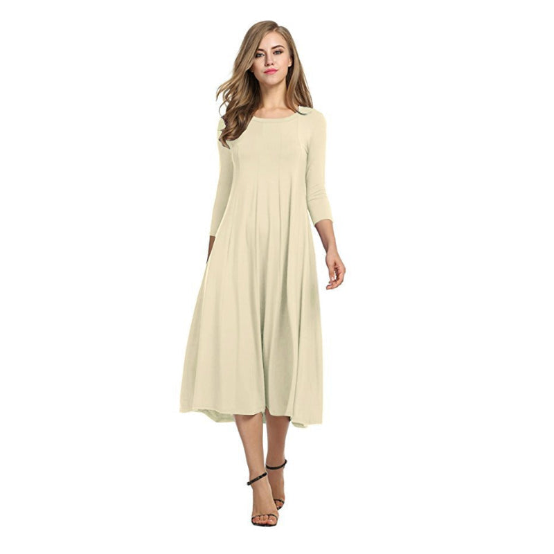 Women's Mid-Sleeve Solid Casual Swing Dress