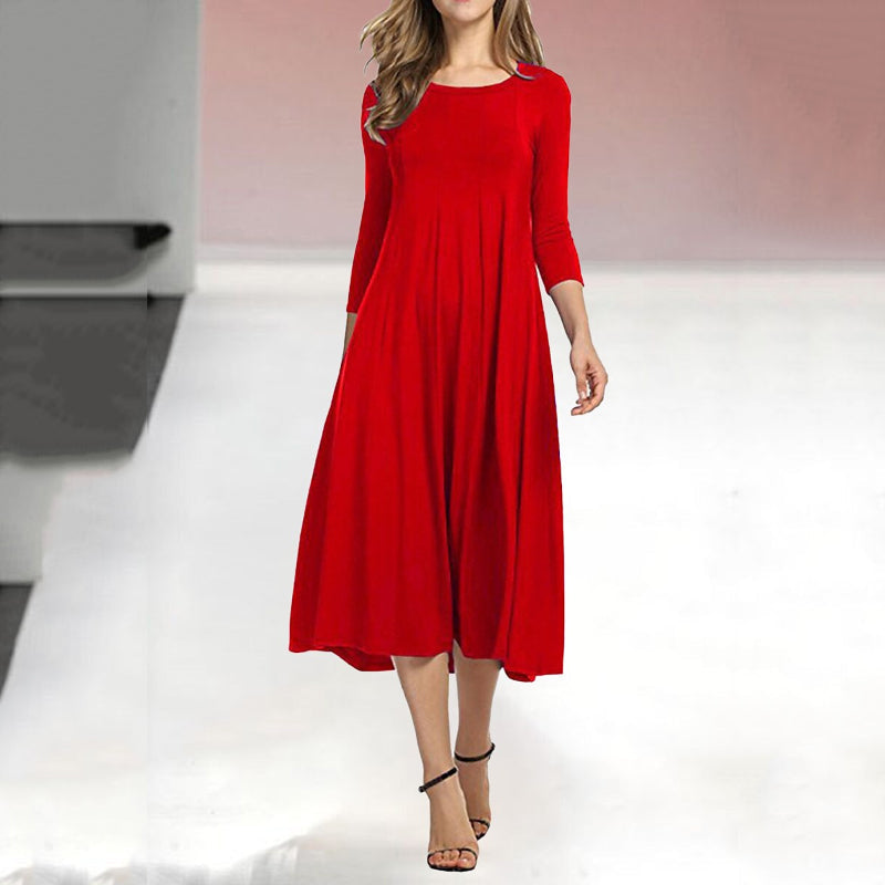 Women's Mid-Sleeve Solid Casual Swing Dress