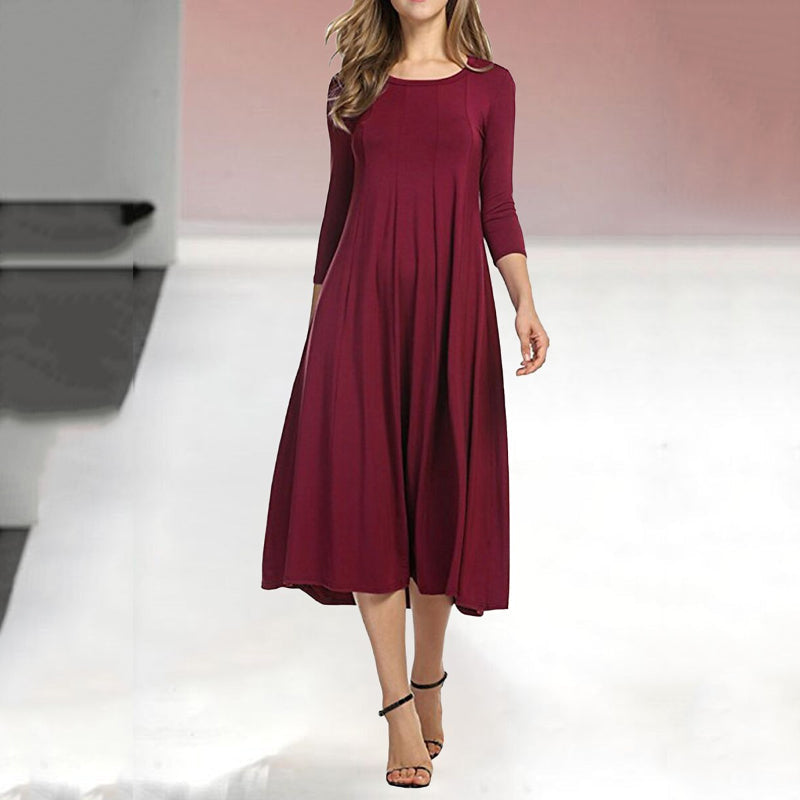 Women's Mid-Sleeve Solid Casual Swing Dress