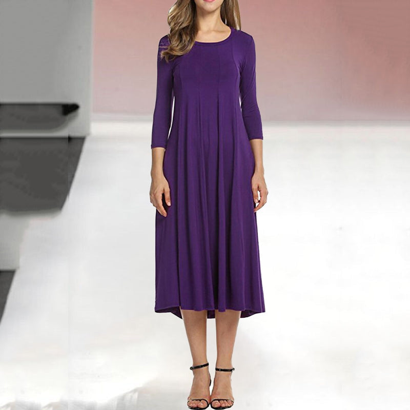 Women's Mid-Sleeve Solid Casual Swing Dress