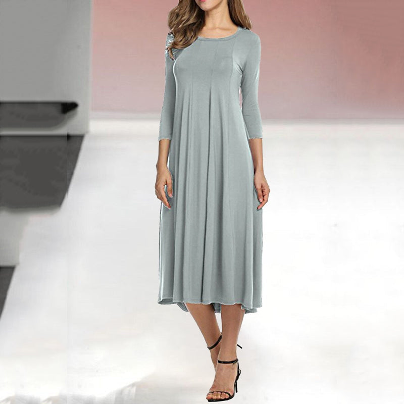 Women's Mid-Sleeve Solid Casual Swing Dress