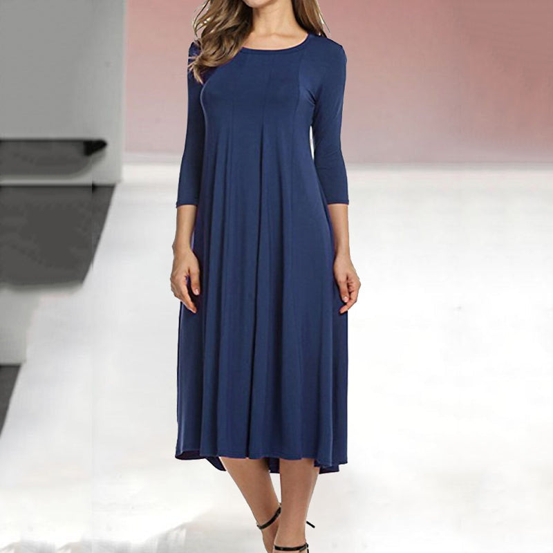 Women's Mid-Sleeve Solid Casual Swing Dress