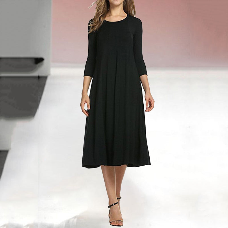 Women's Mid-Sleeve Solid Casual Swing Dress