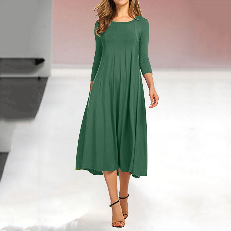 Women's Mid-Sleeve Solid Casual Swing Dress
