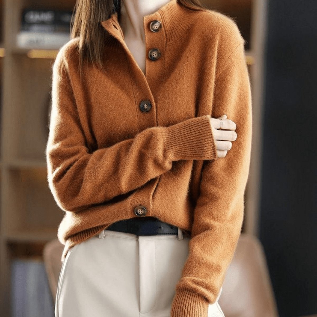 Women's Mock Neck Button-Front Cardigan