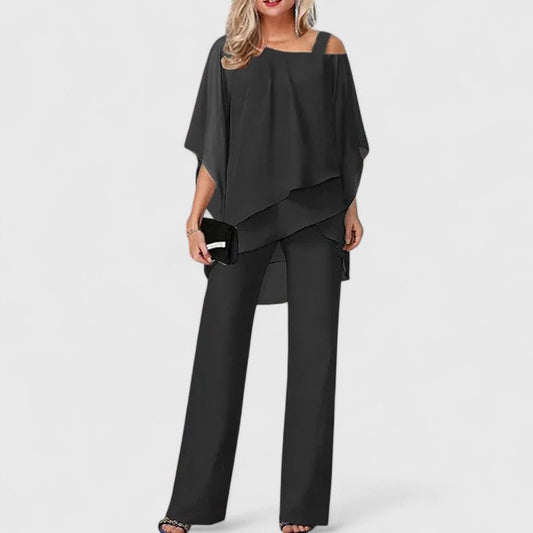 Women's Off-Shoulder Two-Piece Formal Set with Wide-Leg Pants