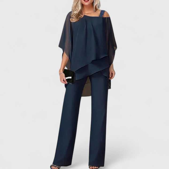 Women's Off-Shoulder Two-Piece Formal Set with Wide-Leg Pants
