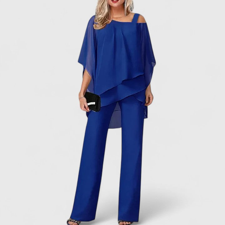 Women's Off-Shoulder Two-Piece Formal Set with Wide-Leg Pants