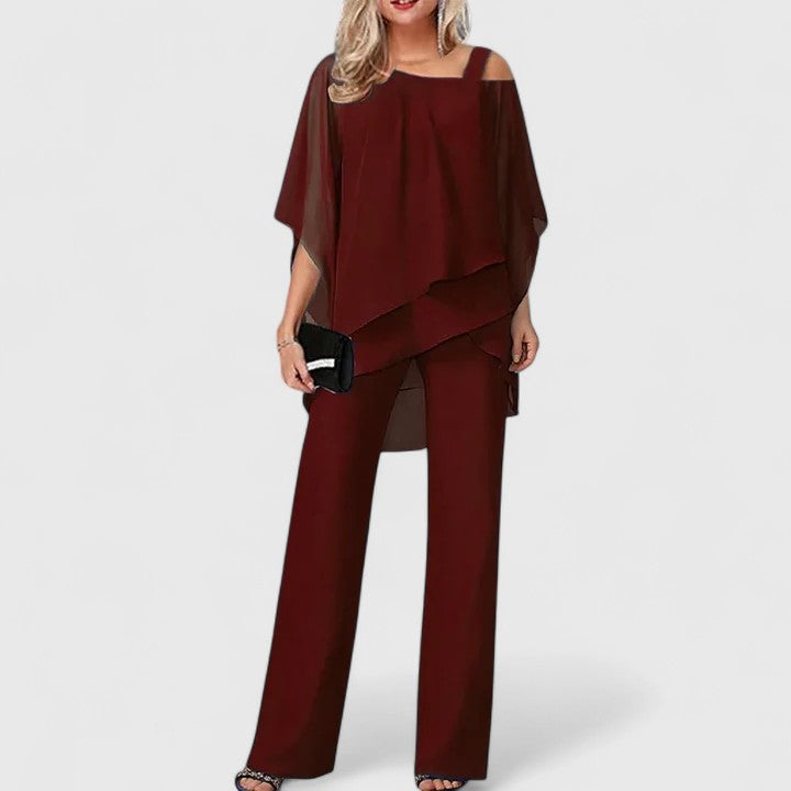 Women's Off-Shoulder Two-Piece Formal Set with Wide-Leg Pants