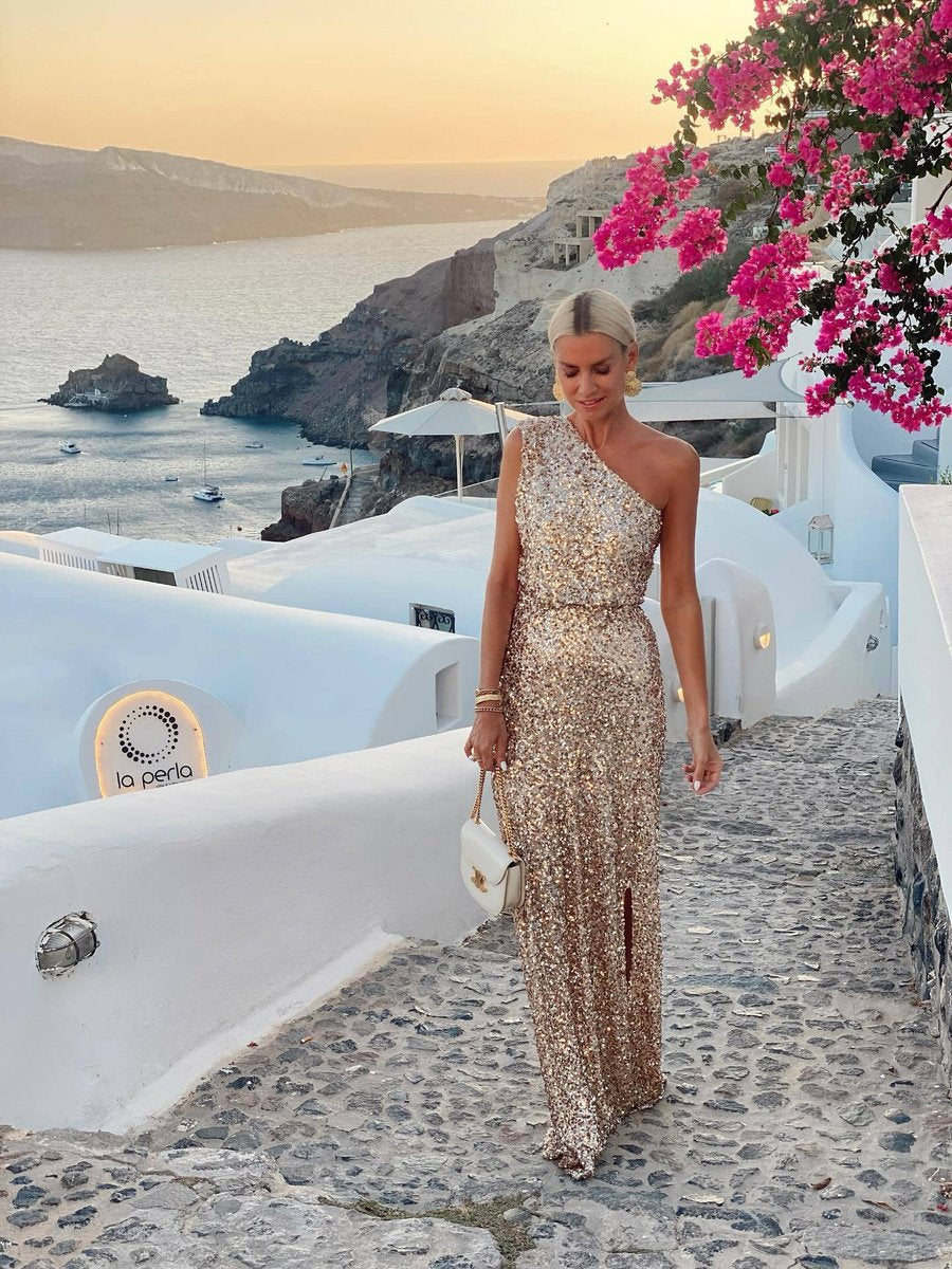 Women's One-Shoulder Sequin Maxi Cocktail Dress with Side Slit