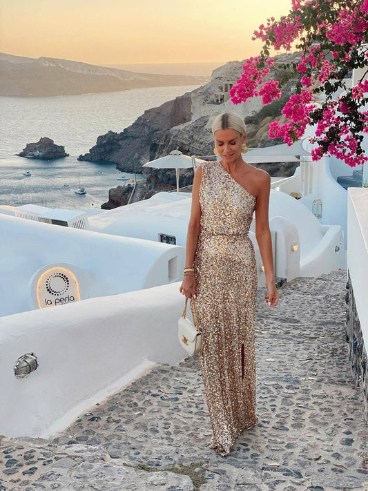 Women's One-Shoulder Sequin Maxi Cocktail Dress with Side Slit