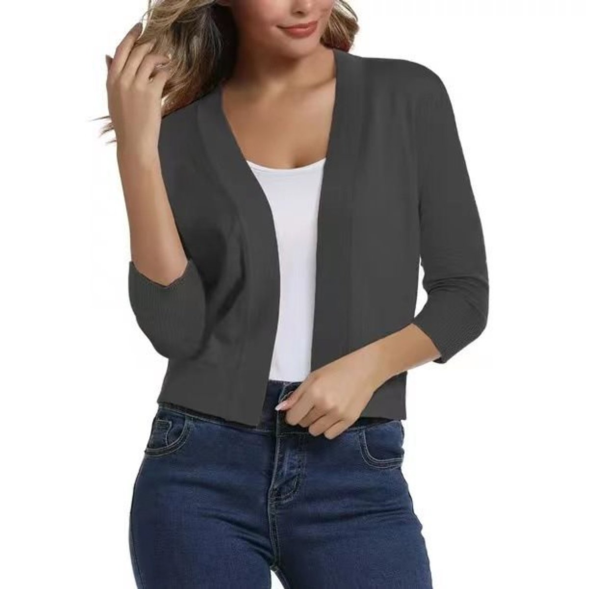 Women's Open-Front 3/4 Sleeve Cropped Cardigan