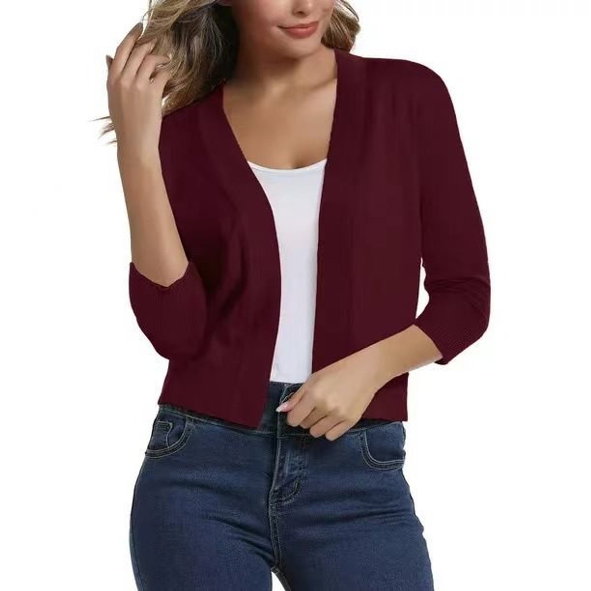 Women's Open-Front 3/4 Sleeve Cropped Cardigan