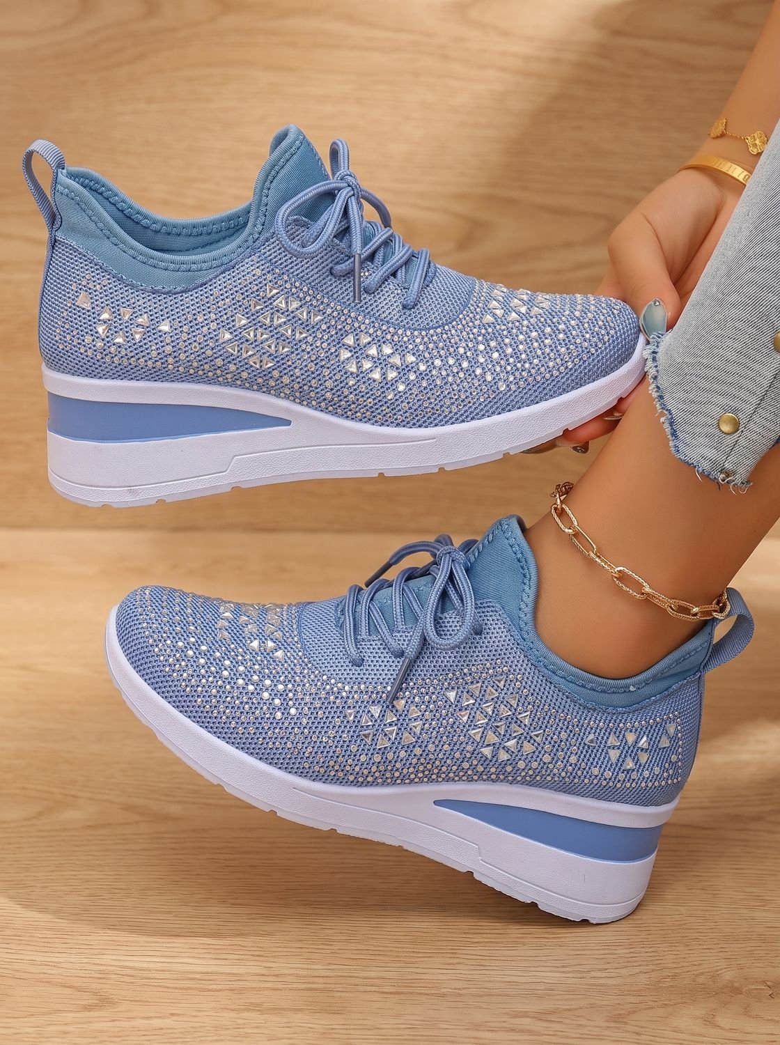 Women's Orthopedic Rhinestone Lace-Up Wedge Sneakers