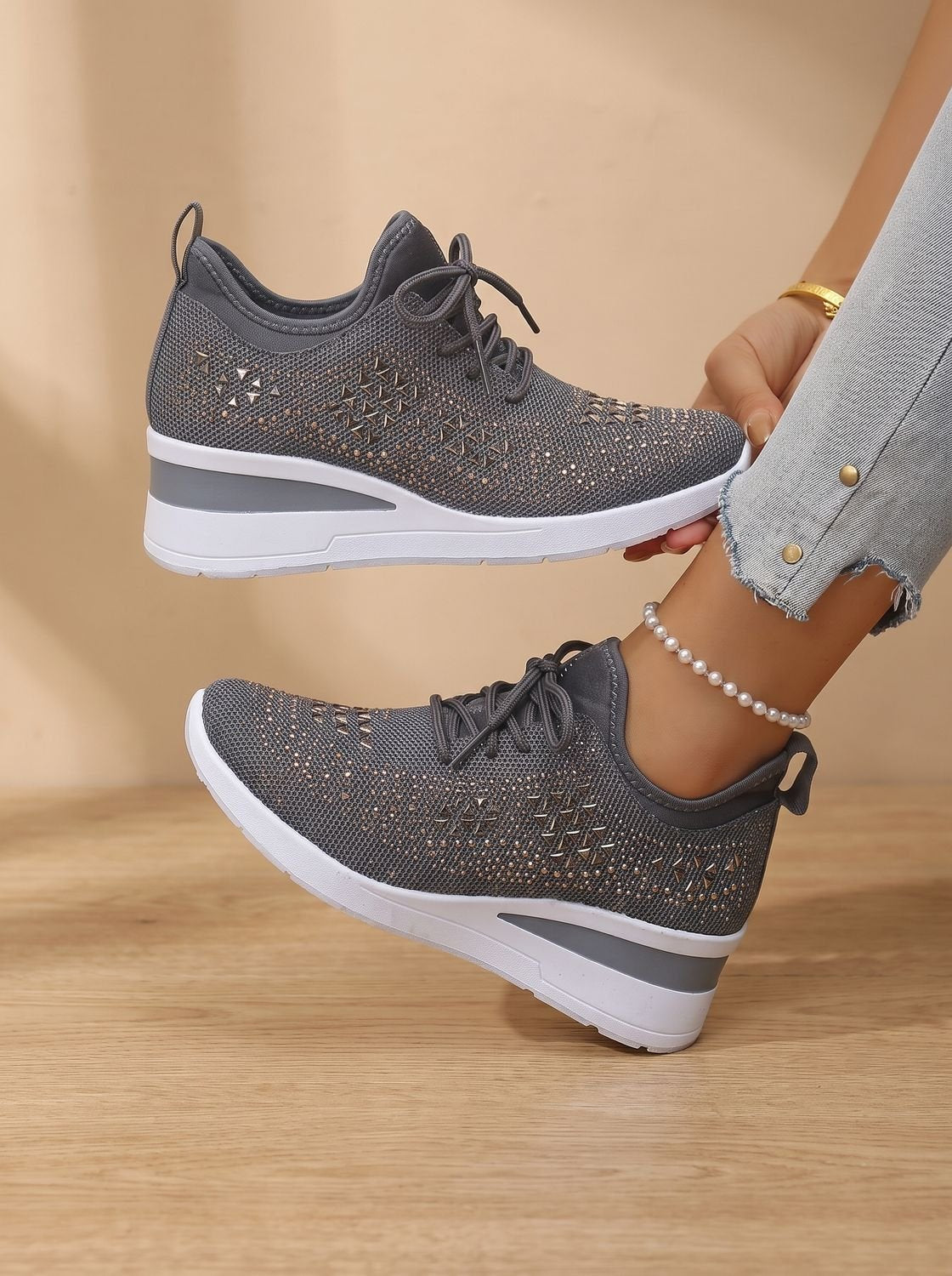 Women's Orthopedic Rhinestone Lace-Up Wedge Sneakers