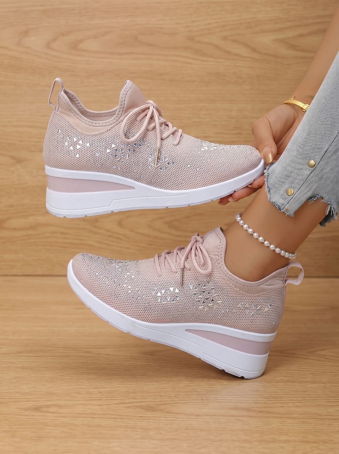 Women's Orthopedic Rhinestone Lace-Up Wedge Sneakers