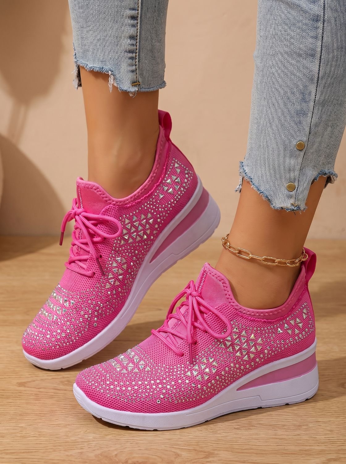 Women's Orthopedic Rhinestone Lace-Up Wedge Sneakers