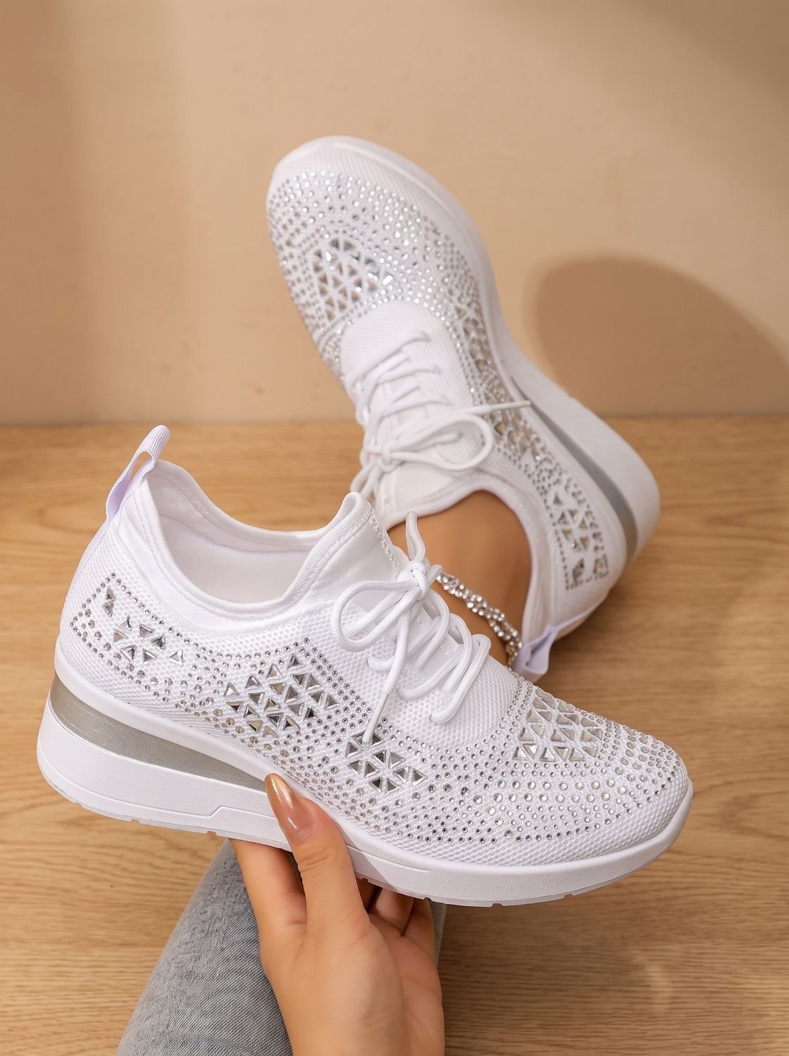 Women's Orthopedic Rhinestone Lace-Up Wedge Sneakers
