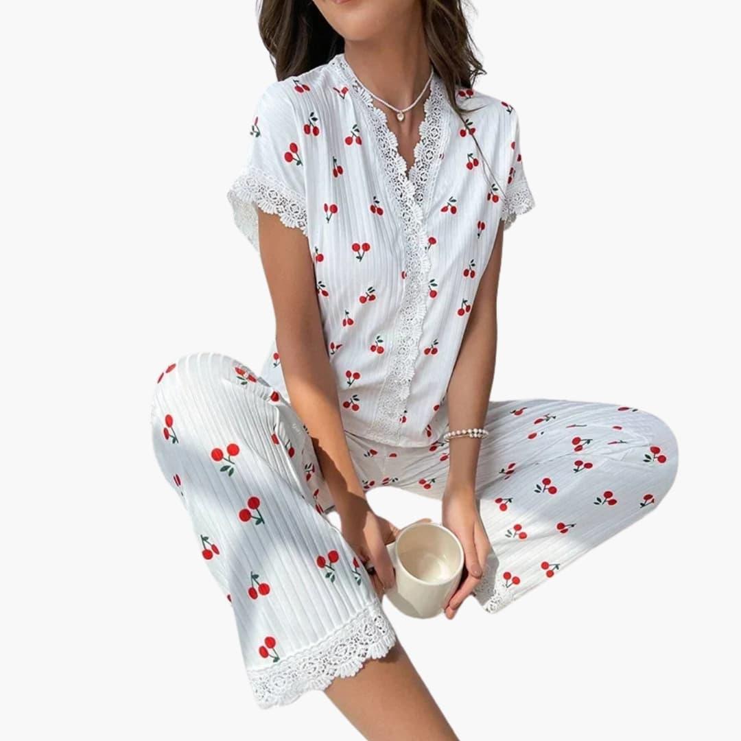 Women's Pajama Set with Button Placket and Lace Trim