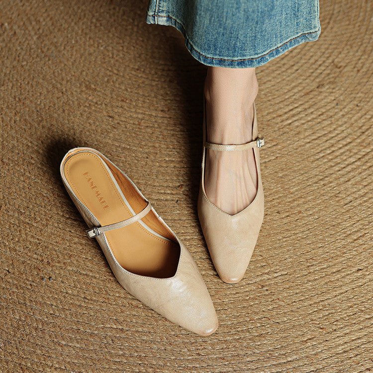 Women's Pointed-Toe Flat Mary Jane Mules with Buckle Strap