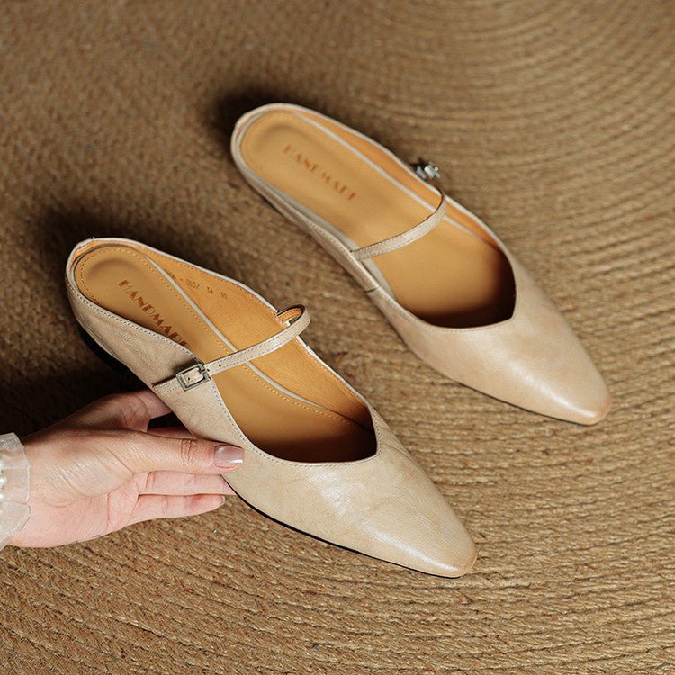 Women's Pointed-Toe Flat Mary Jane Mules with Buckle Strap