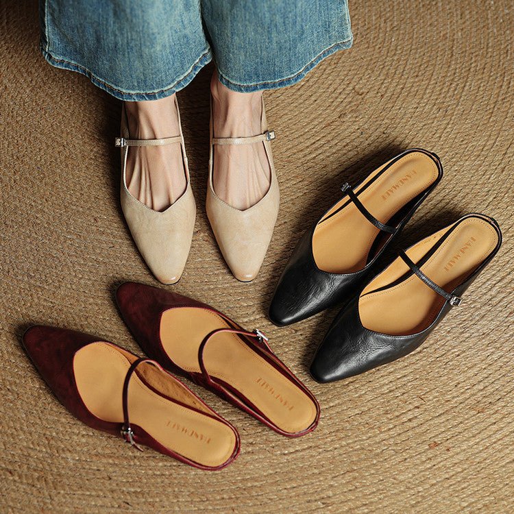 Women's Pointed-Toe Flat Mary Jane Mules with Buckle Strap