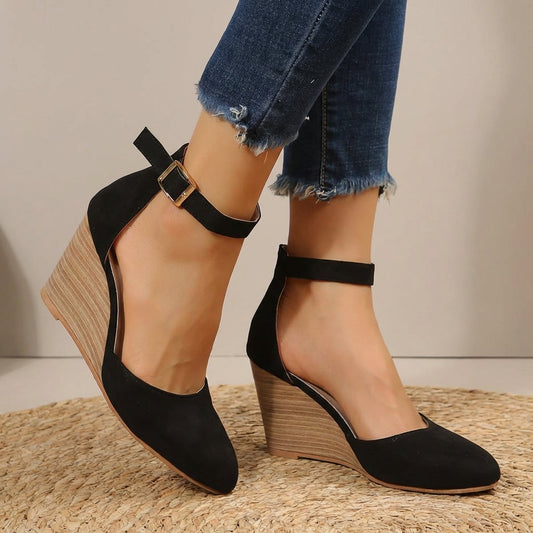 Women's Pointed-Toe Wedge Shoes with Ankle Strap – Elegant Comfort and Refined Craftsmanship