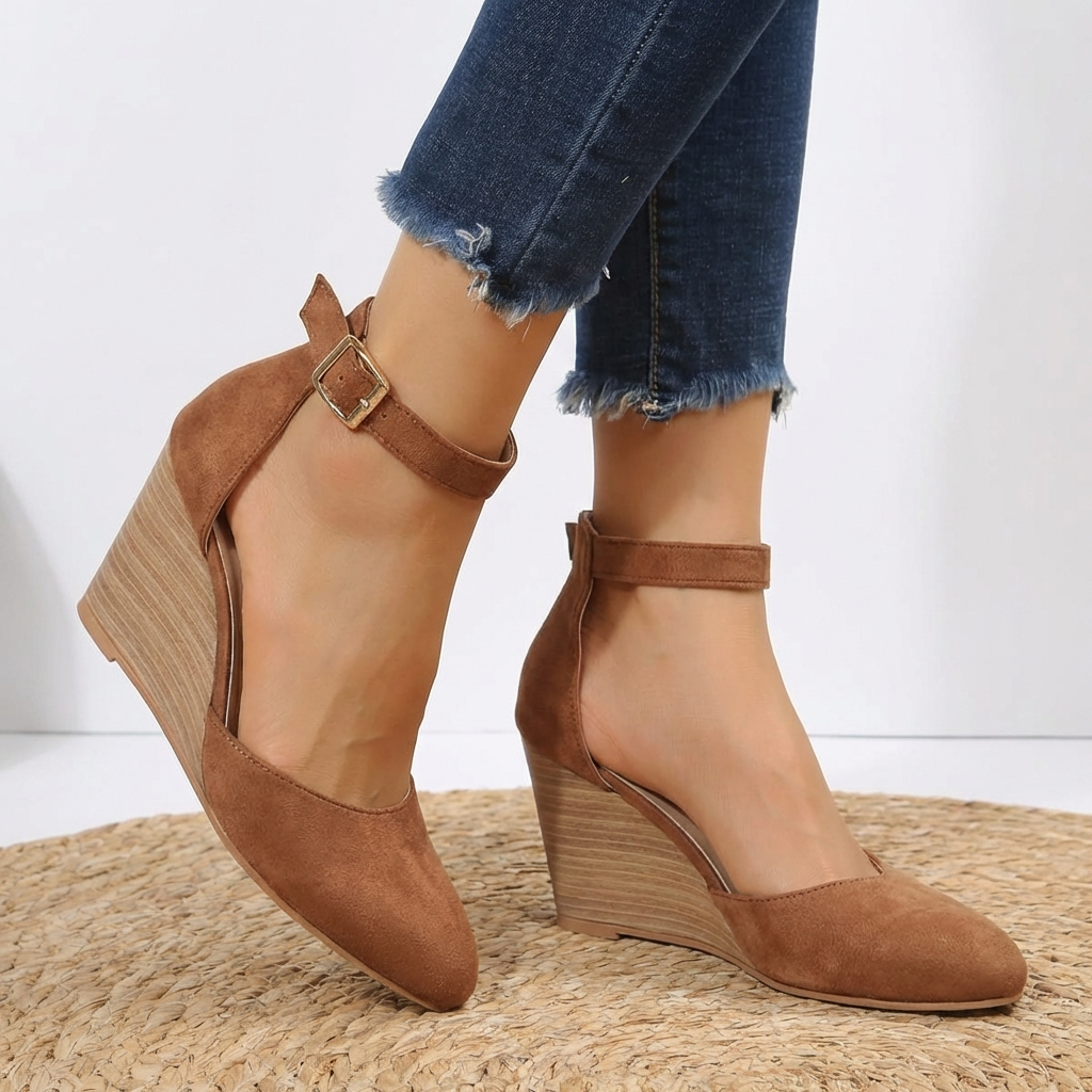 Women's Pointed-Toe Wedge Shoes with Ankle Strap – Elegant Comfort and Refined Craftsmanship