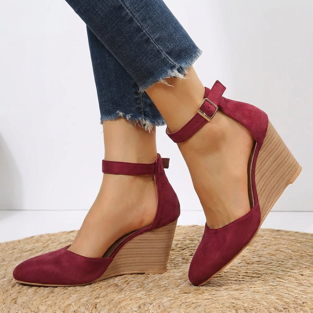 Women's Pointed-Toe Wedge Shoes with Ankle Strap – Elegant Comfort and Refined Craftsmanship