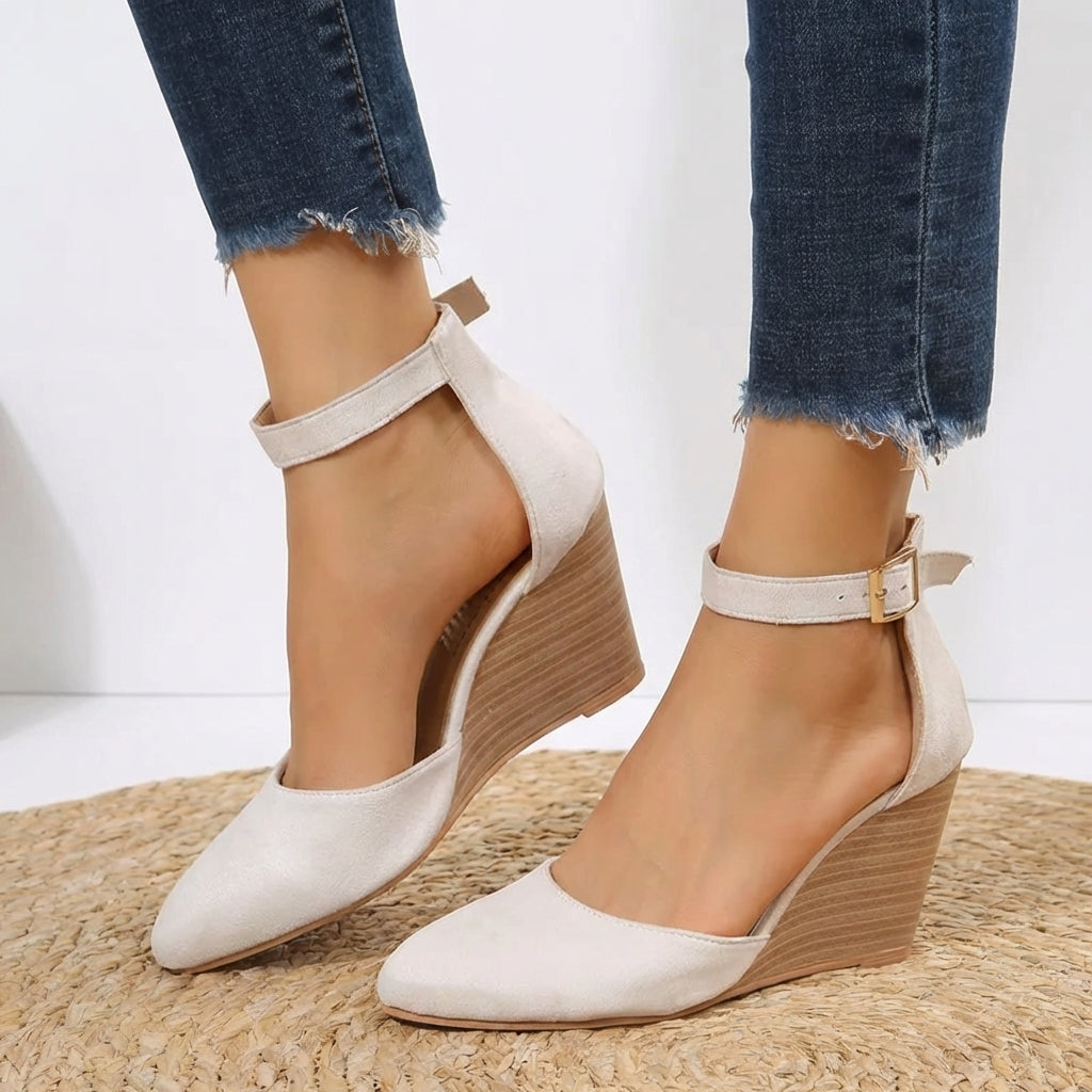 Women's Pointed-Toe Wedge Shoes with Ankle Strap – Elegant Comfort and Refined Craftsmanship