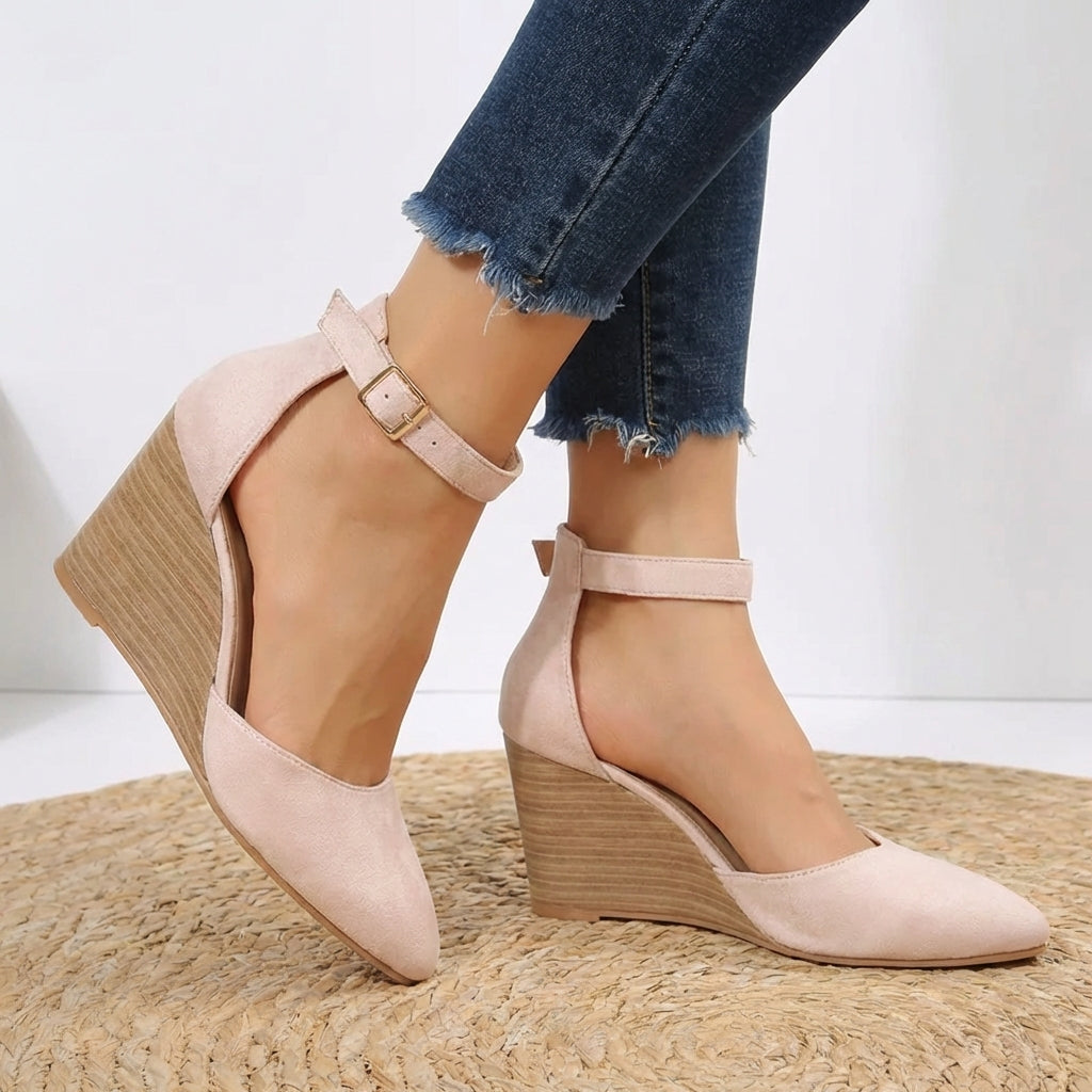 Women's Pointed-Toe Wedge Shoes with Ankle Strap – Elegant Comfort and Refined Craftsmanship